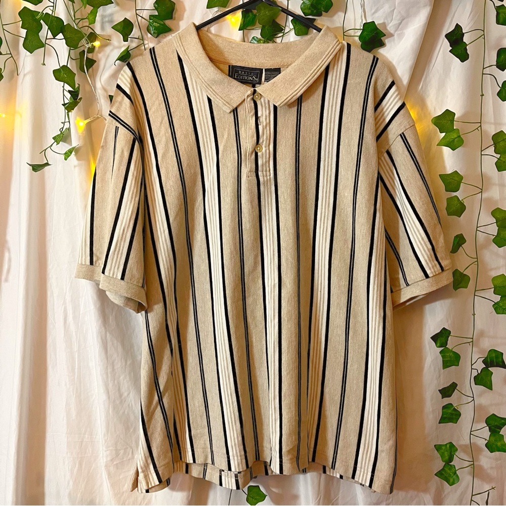 BASIC EDITIONS - XL | Cream and Navy 100% Cotton Vintage Jersey Styled Polo Size